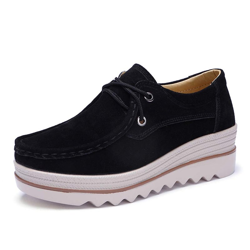 Ruiatoo Women Platform Lace Up Loafers Comfort Genuine Suede Wedge Shoes Low Top Moccasins (3089,Black 35) - Image 2
